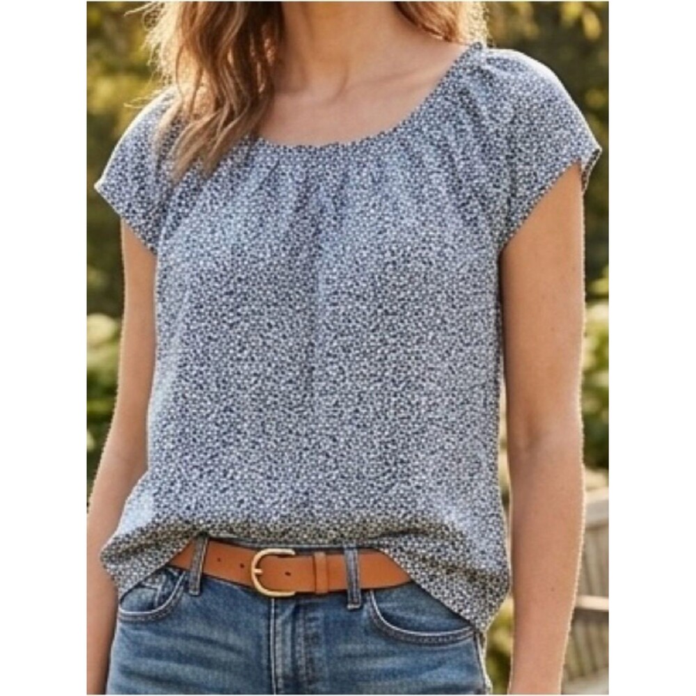 LC Lauren Conrad Blue and White Printed Short Sleeve Peasant Blouse